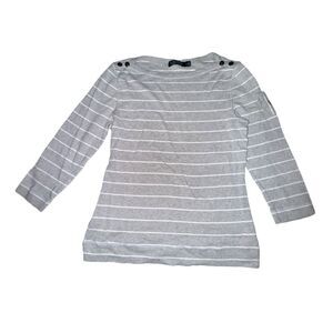 Lauren Ralph Lauren Top Women's Size L Gray White Striped Pocket Sleeve Button